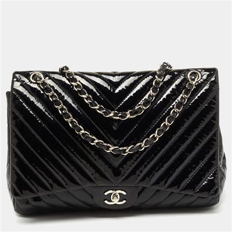 chanel black flap maxi chevron|CHANEL Patent Chevron Quilted Maxi Single Flap Black.